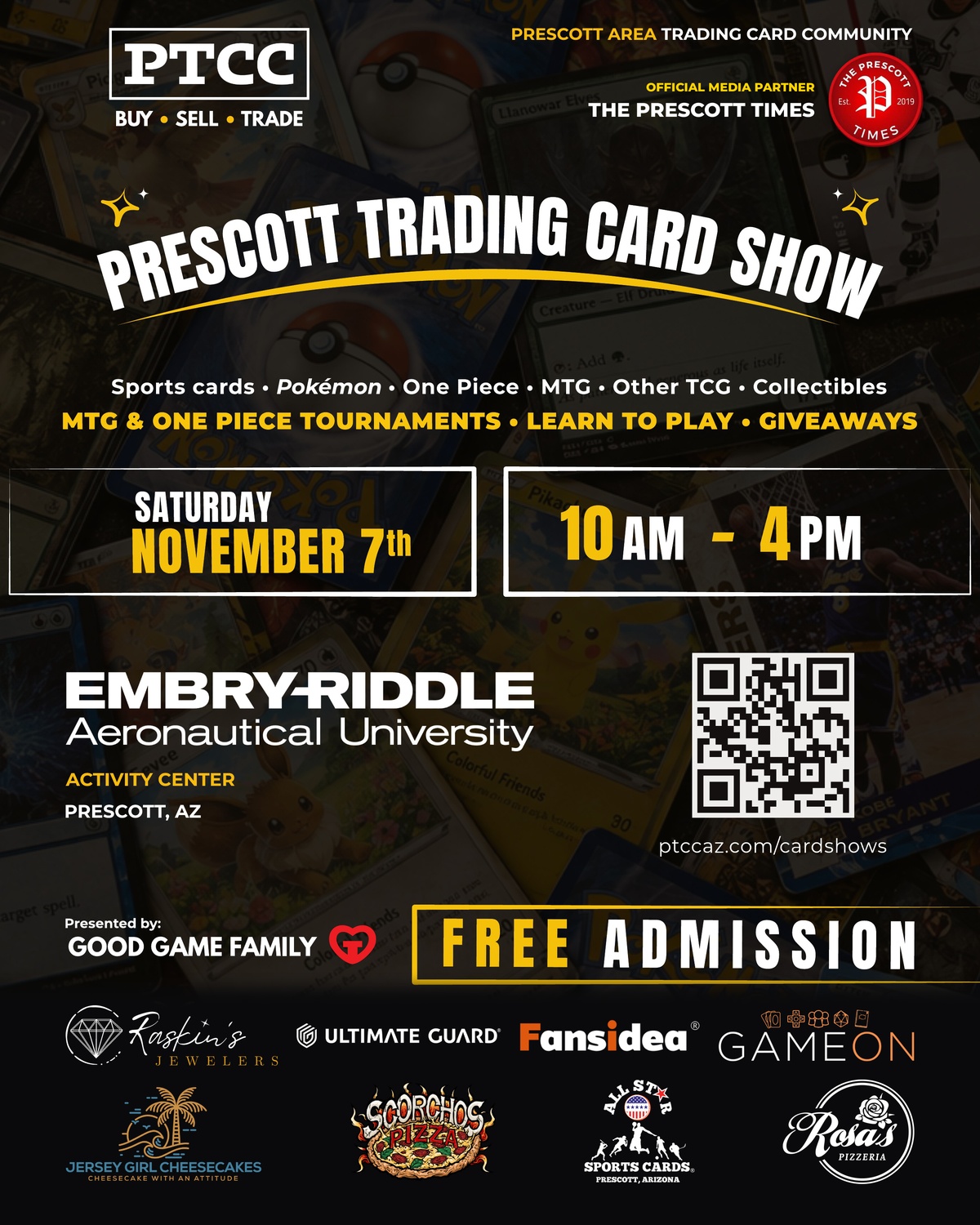 Prescott Trading Card Show, November 7, 2026, 10 AM to 4 PM at Embry-Riddle Activity Center. Free admission.