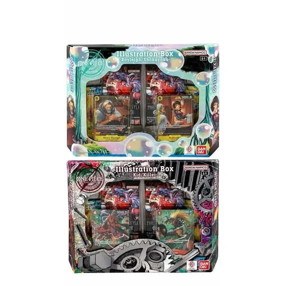 One Piece Card Game Rayleigh and Shakuyaku, and Kid and Killer illustration boxes